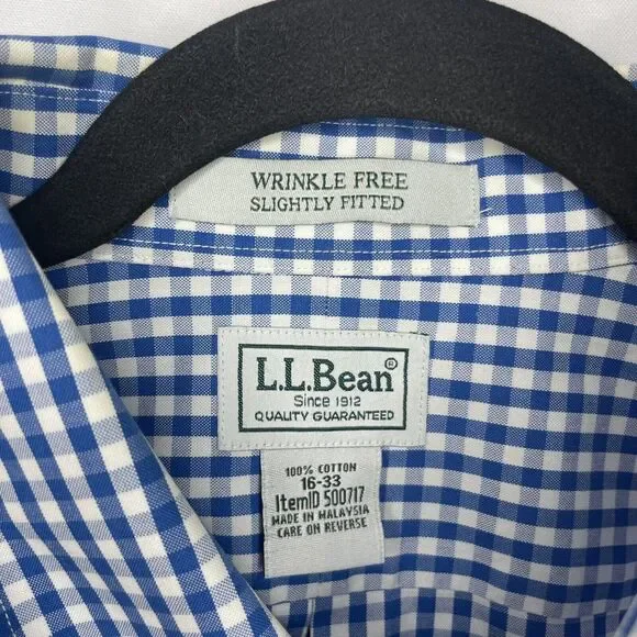 LL Bean Shirt Men 16 33 Blue Long Sleeve Gingham Check Wrinkle Free Slightly Fit - Picture 4 of 9